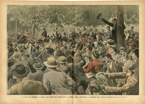 Illustrazione di Eugene Damblans (1865-1945) in Le Pelerin, 30/06/07 - La folla di Narbonnais acclama Montpellier M. Ferroul il cui arresto ha causato giorni sanguinosi - Sociale, Vino, Crisi del Vino Viticoltore Rivolta, Narbonne - Ferroul Ernest (1853-19 da Eugene Damblans