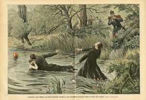 Illustrazione di Eugene Damblans (1865-1945) in Le Pèlerin, 30/07/05 - A Riaucourt (Haute-Marne) due preti muoiono vittime della loro devozione cercando di salvare un bambino annegato da Eugene Damblans