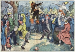 Antiche usanze: la cremazione del "Carnevale", la sera del Martedì Grasso, rappresenta i piaceri e le gioie abbandonati alla soglia della Quaresima. Illustrazione di Damblans. In "Le Pelerin" del 16 marzo. da Eugene Damblans