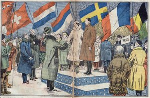 Giochi Olimpici Invernali (1932) - cerimonia di chiusura: i pattinatori francesi M. e Mrs. Brunet Joly (Brunet-Joly), campioni olimpici, sono congratulati dalla giuria. Lake Placid, USA. Illustrazione di Damblans. In "Le Pelerin" del 18 marzo da Eugene Damblans