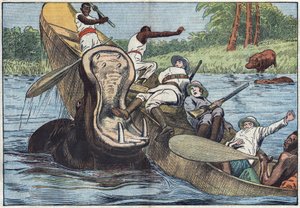 Sul Lago Vittoria, Africa, una barca occupata da missionari anglicani e indigeni viene capovolta da un ippopotamo ferito. Illustrazione di Damblans. In "Le Pelerin" del 16 maggio da Eugene Damblans
