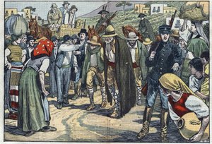 Rapinatori arrestati dalla polizia fascista italiana. Sicilia, Italia. Illustrazione di Damblans. In 