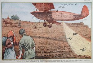 Semina di semi da un aeroplano nella Russia Sovietica, illustrazione per la rivista 