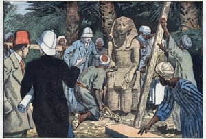 La missione archeologica francese scopre una statua di Sesostri III adolescente che sarà portata al Louvre. Medamoud, antica Tebe, Egitto. Illustrazione di Damblans. In 