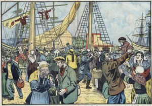 Il ritorno del merluzzo a Saint-Malo: i Terres-Neuvas pescavano e si riunivano con le loro famiglie. Illustrazione di Damblans. In "Le Pelerin" del 7 ottobre
