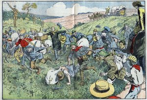 La corsa ai diamanti (Sudafrica): una corsa organizzata per decidere chi occuperà i lotti di diamanti più vicini al deposito. Illustrazione di Damblans in "Le Pèlerin" del 3 agosto da Eugene Damblans