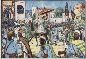 Il nuovo sultano del Marocco, Moulay Mohammed, fa il suo ingresso nella città di Rabat. Illustrazione di Damblans. In "Le Pelerin" del 4 dicembre da Eugene Damblans