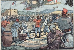 Guerra in Marocco: aerei francesi forniscono ghiaccio a un blocco assediato da dissidenti marocchini. Illustrazione di Damblans. In "Le Pelerin" del 24 maggio da Eugene Damblans