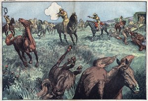 I cavalli selvaggi vengono abbattuti negli Stati Uniti. Illustrazione di Damblans. In "Le Pelerin" del 31 gennaio. da Eugene Damblans