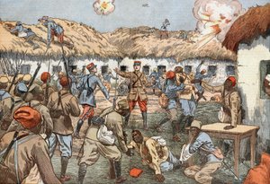 A Aoulay (Marocco) il capitano ferito Duboin aiutato da fanti senegalesi resistette per 22 giorni fino ai soccorsi, disegno di Damblans dal giornale francese 