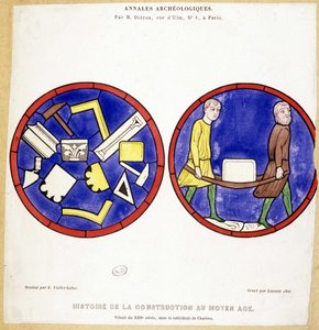 Storia della costruzione nel Medioevo: Fac simile di vetrate del XIII secolo, nella Cattedrale di Chartres - Disegnato da Eugene Viollet-le-Duc (Viollet le Duc) (1814-1879) e con diversi simboli massonici da Eugene Emmanuel (after) Viollet le Duc
