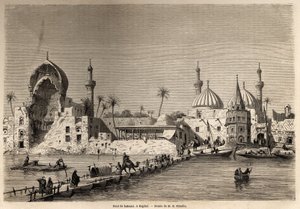 Un ponte di barche, a Baghdad, disegno di Eugene Flandin (1809-1876), per illustrare il suo viaggio in Mesopotamia nel 1840-1842. Incisione in "Le tour du monde" 1861. Collezione Selva