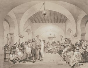 Café du Divan, Algeri, da un volume commemorativo della Forza di Spedizione Francese che catturò Algeri nel 1830, inciso da Adolphe Jean-Baptiste Bayot (1810-66) da Eugene Flandin