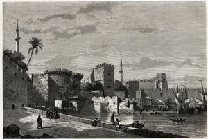 La vista del porto di Rodi e la porta di Aubusson, disegno di Eugene Flandin, per illustrare il suo viaggio nell