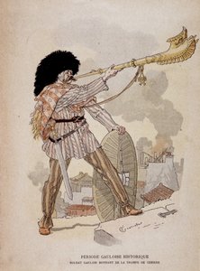 Soldato gallico che suona il corno di guerra (carnyx) - in "Illustrous Teaching Cahiers, War Costumes of the Bronze Age and the Gaulish Age", ed Grasset da Eugene Grasset