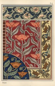 Il papavero, Papaver somniferum, in vetro colorato, carta da parati, tessuti e motivi per piastrelle. Litografia di Marc Mangin da Eugene Grasset