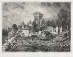Viaggi pittoreschi e romantici nella vecchia Francia: Alvernia (vol. II): Castello di Pesteil a Polminhac, Piastra 202 da Eugene Isabey