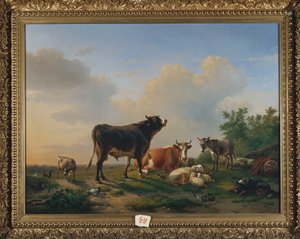 Un toro, una mucca, un asino, una capra, pecore e pollame in un ampio paesaggio, 1849 da Eugene Joseph Verboeckhoven