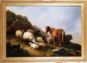Un pony e pecore su una scogliera con una nave a vela oltre, 1868 da Eugene Joseph Verboeckhoven