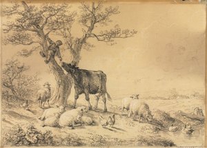 Paesaggio con animali e ragazzo sull