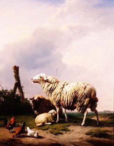 Pecore e pollame in un paesaggio