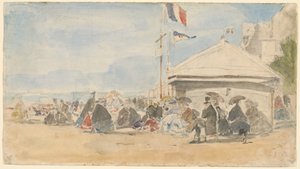 Casa sulla Spiaggia con Bandiere a Trouville, c. 1865 da Eugene Louis Boudin