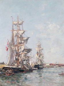 Barche a tre alberi al molo nel porto di Deauville, c.1888-89 da Eugene Louis Boudin