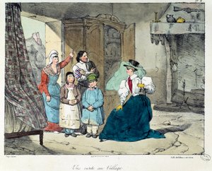 Una visita al villaggio. Una donna ricca visita una famiglia povera. Illustrazione del libro 