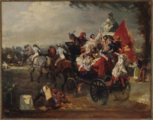 Carrozza con Uomini e Donne in Costume sugli Champs-Elysees, 1834 da Eugene Louis Lami