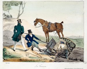 Incidente del carro causato dalla ferrovia. Illustrazione del libro "La vie de château". Incisione di Eugene Louis Lami da Eugene Louis Lami