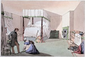 Ostello: un servo aiuta un cliente a indossare le scarpe. Illustrazione di Eugene Louis Lami (1800-1890), metà del XIX secolo da Eugene Louis Lami