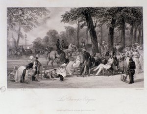 Passeggeri e passeggiatori sugli Champs Elysees a Parigi. Incisione di Eugene Louis Lami (1800-1890) 1841 Collezione privata da Eugene Louis Lami