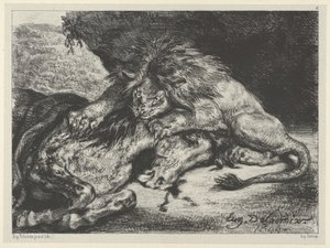Leone che divora un cavallo da Eugène Delacroix