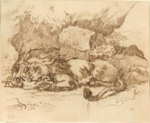 Leone che divora un coniglio da Eugène Delacroix