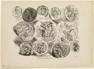 Foglio di dodici medaglie antiche da Eugène Delacroix
