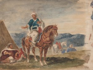 Tre cavalieri arabi in un accampamento