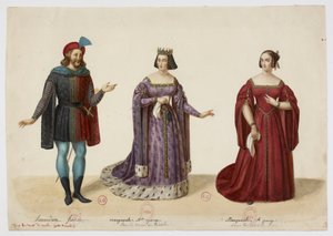 Costumi - Frederic Lemaitre come Buridan, Mlle George come Marguerite de Bourgogne (La Tour de Nesle, settembre 1832) da Eugène Du Faget