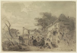 Compagnia su una terrazza davanti a una locanda lungo una strada da Eugène François de Block