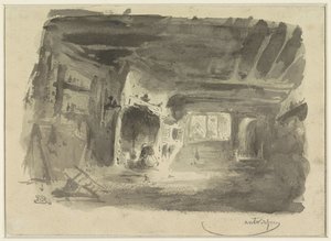 Interno con donna inginocchiata davanti al camino da Eugène François de Block