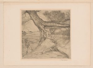Seminatore e figura sdraiata con mani giunte in un paesaggio da Eugène Joors (signed by artist)