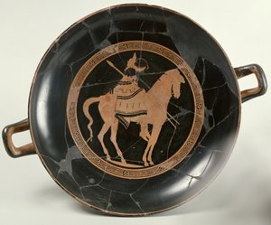 Coppa attica a figure rosse raffigurante un cavaliere a cavallo (ceramica)