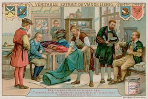 Un tessitore, un sarto, un cappellaio e un fabbricante di trecce danno i loro ordini a un tintore da European School