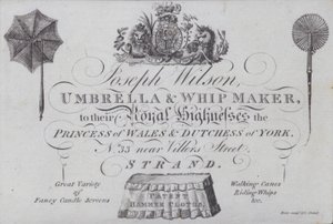 Pubblicità per Joseph Wilson, fabbricante di ombrelli e fruste, Londra da European School