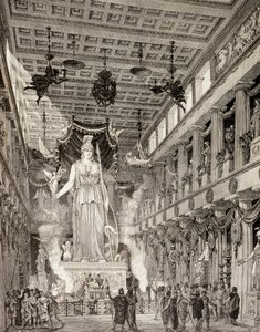 Impressione artistica della statua della dea Atena nel Partenone, Atene, durante il periodo classico, da 