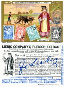 Francobolli bulgari, fronte e retro di una carta promozionale Liebig, 1897 da European School