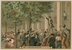 Camille Desmoulins lancia il suo appello alle armi fuori dal Palais Royal, Parigi, Rivoluzione Francese, 12 luglio 1789 da European School