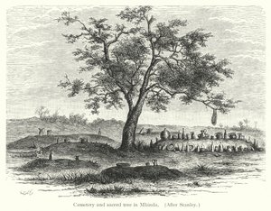 Cimitero e albero sacro a Mbinda (incisione) da European School