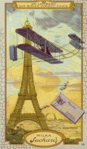 Charles de Lambert in un biplano Wright, Parigi (cromolitografia) da European School