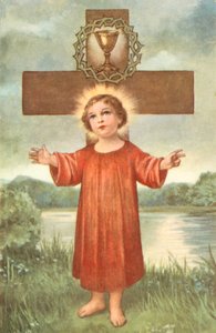 Cristo Bambino, Croce, Corona di Spine e Calice della Comunione (litografia a colori) da European School