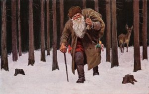 Biglietto di Natale, Babbo Natale che arranca nella neve con un sacco di regali, cervo sullo sfondo (litografia a colori) da European School